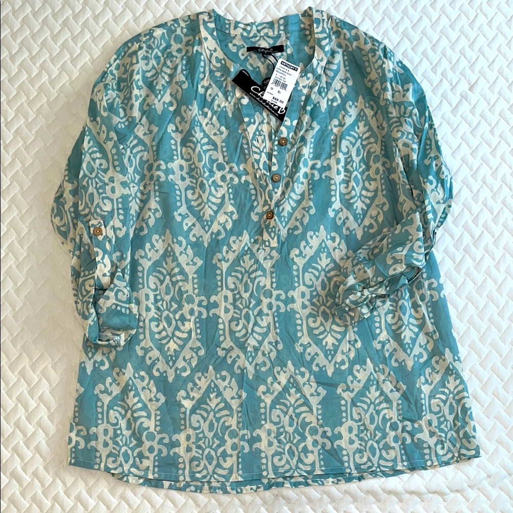 CHARLIE B Teal and White Patterned Blouse